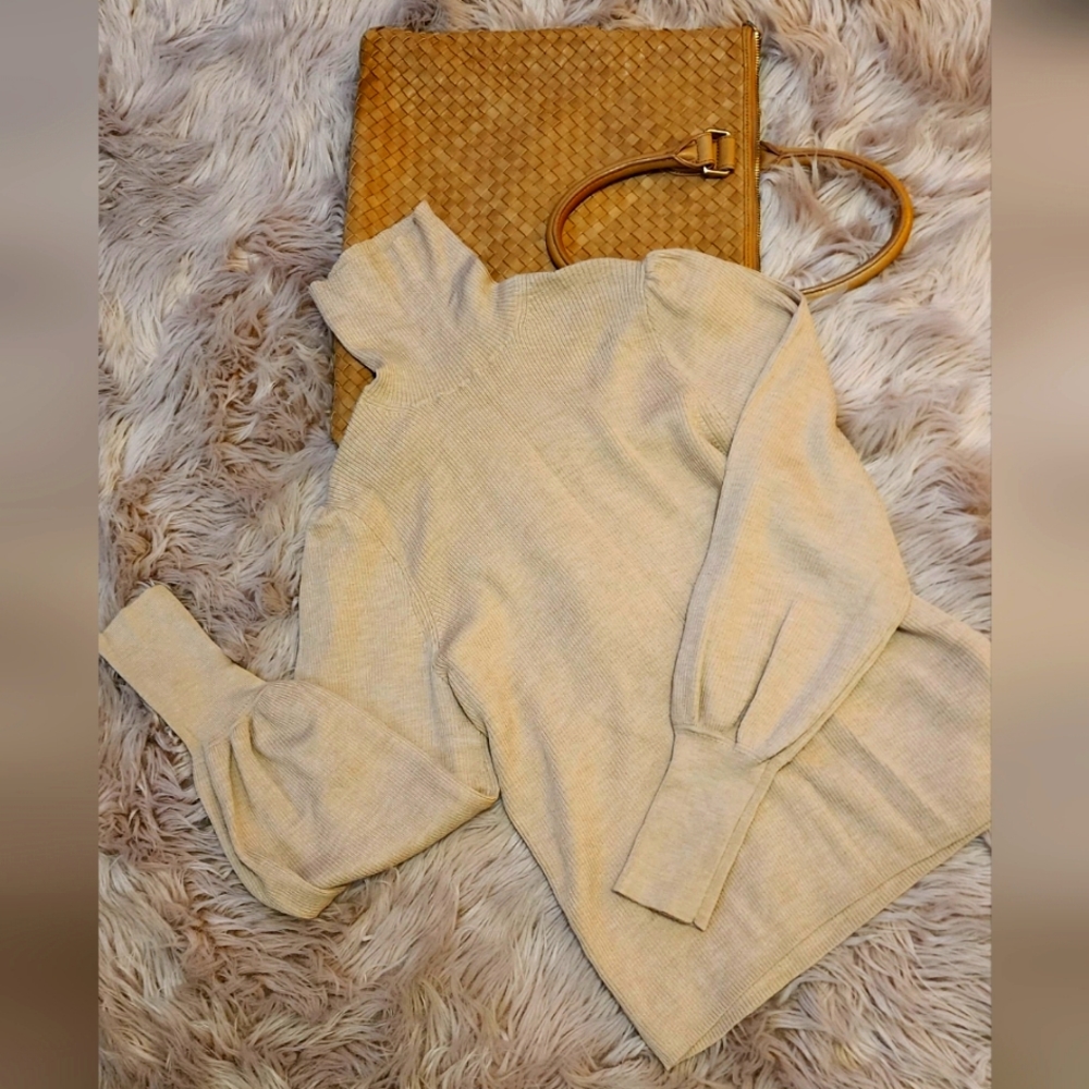 J Crew Women's Sweater Cream Knit Turtleneck Long Puff Sleeve Pullover Size L
